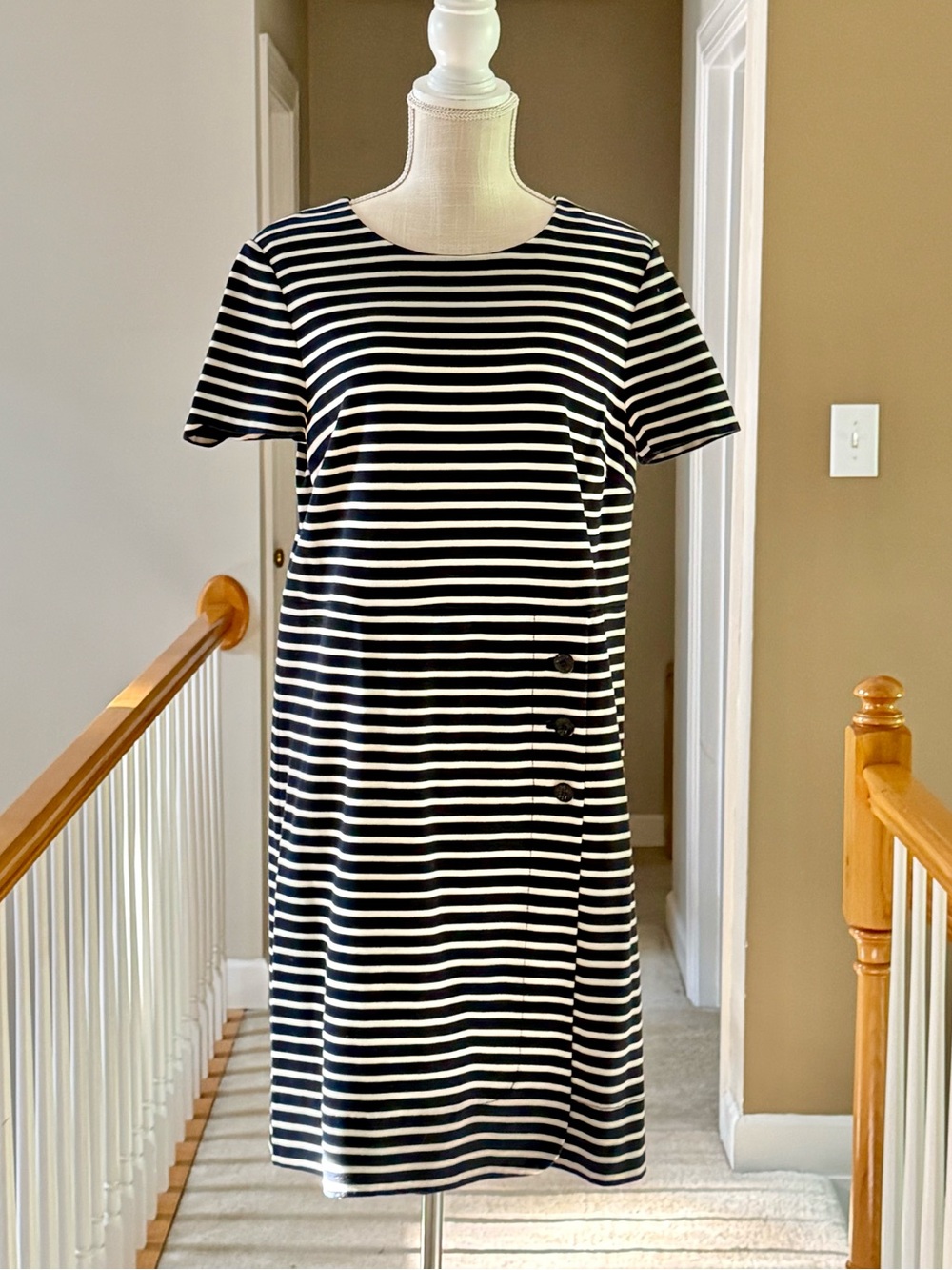 Tory Burch Navy and White Striped Crewneck Dress XL
